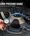 Close-up of clear pressure gauge on Beefed Up Dual Cylinder Tire Inflator With Heavy Duty Air Compressor 150 PSI 10.6 CFM