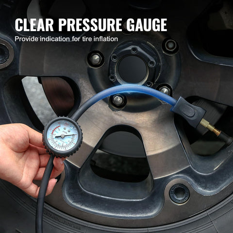 Close-up of clear pressure gauge on Beefed Up Dual Cylinder Tire Inflator With Heavy Duty Air Compressor 150 PSI 10.6 CFM