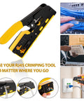 Pro Grade RJ45 Crimp Tool Pass Through Kit With Built-In Tester All In One Ethernet Crimping Set for Cat5 Through Cat8 in use