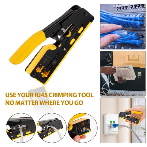 Pro Grade RJ45 Crimp Tool Pass Through Kit With Built-In Tester All In One Ethernet Crimping Set for Cat5 Through Cat8 in use