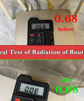 Radiation meter showing before and after readings with Smart High Protection WiFi Router Cover Shield For EMF Radiation.