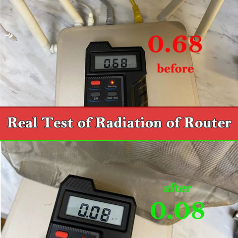 Radiation meter showing before and after readings with Smart High Protection WiFi Router Cover Shield For EMF Radiation.