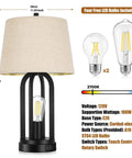 Diagram of Two Light Bedside Table Lamps With Rotary Switch 3 Way Dimmable Bedroom And Living Room Lighting With USB Charging Ports Industrial Nightstand Lamps With Fabric Shade Bulbs Included, showcasing dimensions, bulbs, and features.