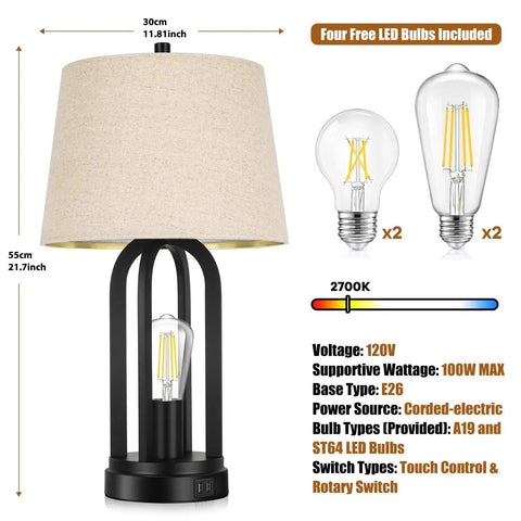 Diagram of Two Light Bedside Table Lamps With Rotary Switch 3 Way Dimmable Bedroom And Living Room Lighting With USB Charging Ports Industrial Nightstand Lamps With Fabric Shade Bulbs Included, showcasing dimensions, bulbs, and features.