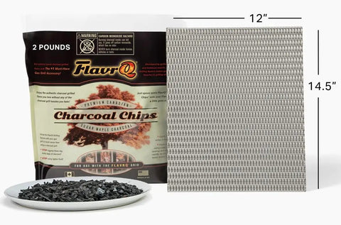 Starter Kit With Natural Sugar Maple Charcoal Chips And Stainless Steel Grid Delivers True Charcoal BBQ Flavor On Gas Grills In 10 Minutes A Smoker Box Alternative For Propane Grills 2lb Bag image showing package, charcoal chips on plate, and stainless grid.