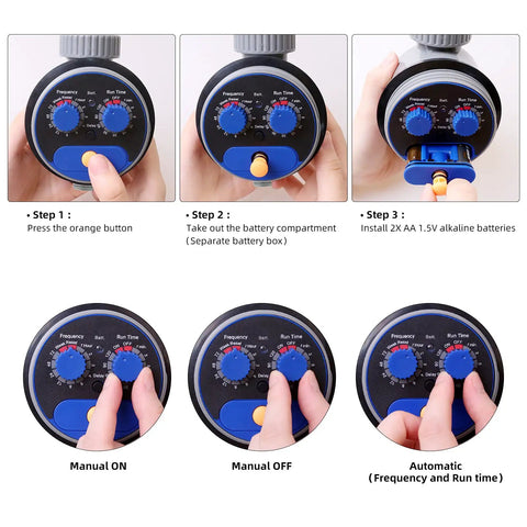 Six stages of using a sprinkler water timer for outdoor lawn and garden, showing setup and mode adjustments, with close-up knobs.