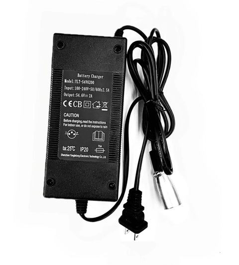 Replacement Ebike Battery Charger 54.6V 2A With 3 Pin XLR Plug For 13S 48V Li Ion Pack shown with cords and plug