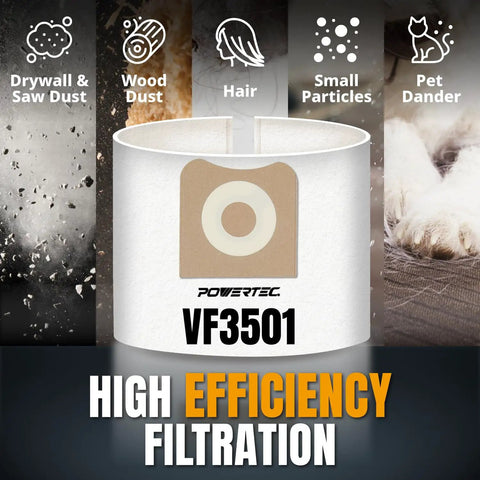 Ridgid Size C Shop Vac Bags 3-4.5 Gallon, 10 Pack Replacement Vacuum Bags For 4000RV WD4070 WD40700 WD4080 WD40800 23738 75017 P2, showing high efficiency filtration for dust and particles.