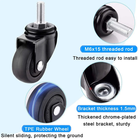 Heavy Duty TPE Rubber Caster Wheels Set Of 4 1.5 To 2 Inch No Brake Stem Castors With 360 Degree Silent Spin M6 M8 M10