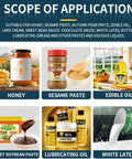 Image showing various products compatible with Automatic Viscous Liquid Bottle Filler For Shampoo Essential Oils Body Wash Cosmetic Cream Honey Bottling Machine With Digital Control And Intelligent Quantitative Filling That Deducts Tare Weight And Starts Automatically For Accurate Batch Filling, including honey, sesame paste, edible oil, and white latex.