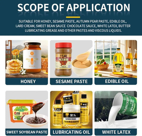 Image showing various products compatible with Automatic Viscous Liquid Bottle Filler For Shampoo Essential Oils Body Wash Cosmetic Cream Honey Bottling Machine With Digital Control And Intelligent Quantitative Filling That Deducts Tare Weight And Starts Automatically For Accurate Batch Filling, including honey, sesame paste, edible oil, and white latex.