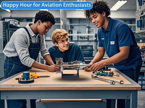 Students examining Turbofan Engine Model 28cm Replica For Science Education And Aviation Nerd Gift in a classroom setting