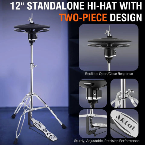 12-inch two-piece hi-hat stand, part of Acoustic-Style Electronic Drum Set With Independent 16-Inch Wooden Bass Drum and more