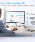 Person working at desk with 27 Inch Full HD IPS Monitor with USB 3.0 Upstream, DisplayPort and HDMI Cables, ultra thin bezel.