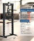 Badass 12 Ton H Frame Hydraulic Shop Press With Adjustable Height Stamping Plates And Built In Pressure Relief Valve in garage setting.