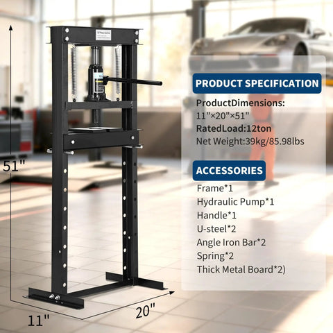Tough As Nails 12 Ton Hydraulic Shop Press Solid H Frame with adjustable plate and safety valve in garage setting.