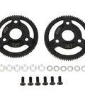 Beefed Up Hardened Steel CNC Machined Spur Gear Set for Traxxas 2WD Slash Drag Slash Bandit Upgrade Parts 72T And 76T 48P Black Anodized Rust Resistant Easy Install with washers and screws visible