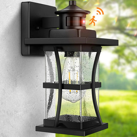 Motion Sensor Outdoor Wall Light With Dusk To Dawn Sensor, Waterproof Black Seeded Glass Porch Lantern For House And Garage, Anti Rust Exterior Lighting, Wall Mount Fixture