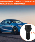 BMW M14x1.25 Wheel Lug Bolts Set 5 Pack Black Steel Locking Lug Nuts for F30 F35 X3 E70 X5 shown next to BMW car