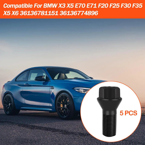 BMW M14x1.25 Wheel Lug Bolts Set 5 Pack Black Steel Locking Lug Nuts for F30 F35 X3 E70 X5 shown next to BMW car