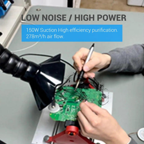 Professional Solder Fume Extractor Delivers 150W Kickass Suction At 258 Cbm Per Hour, hands using extractor near green circuit board.