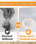 Comparison image showing Five Pack Flower Shaped Silicone Hair Catcher Shower Drain Cover With Strong Suction Cups efficacy in preventing clogs.