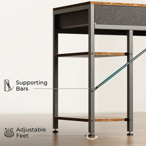 Close-up of sturdy legs with supporting bars and adjustable feet on 47 Inch Rustic Brown Corner Desk With Six Fabric Drawers And Shelves.