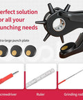 Beefy Rotary Leather Hole Punch Kit with punch wheel, screwdriver, ruler, grinding rod, and extra-large punch plate