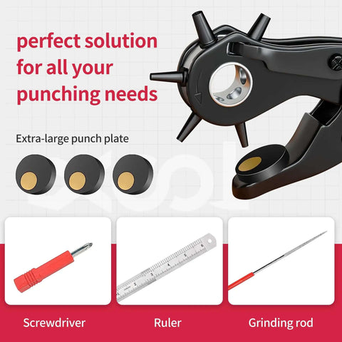 Beefy Rotary Leather Hole Punch Kit with punch wheel, screwdriver, ruler, grinding rod, and extra-large punch plate