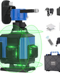 Green Beam 16 Lines Laser Level with Self Leveling, 150ft Range, shown with accessories including mounting bracket and carry case