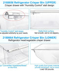 2 Pack Upgraded Fridge Crisper Drawers With Humidity Control Upper And Lower Bin Replacement For Whirlpool And Kenmore Refrigerators Durable Food Grade Eco Friendly Parts, showcasing detailed humidity control features.