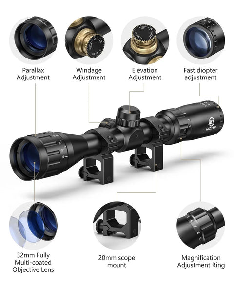 Diagram of 3-9x32 AO Rifle Scope With R4 Reticle And 20mm Mounts, showing parallax adjustment and lens details.