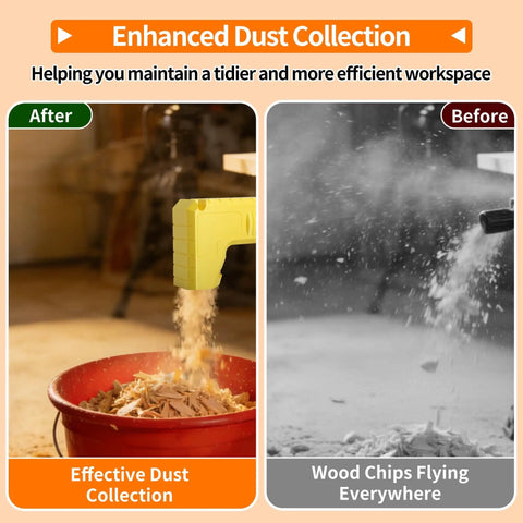 Table Saw Dust Collector Adapter For Gravity Powered Dust Collection with wood chips into bucket before and after use