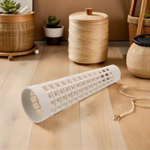 Plastic Yarn Bobbins Set Of 20, Tapered Tower Spools Made From PP Material To Prevent Tangling And Surface Damage, Ideal For Dyeing, Steaming, Bulk Textile Production And Sewing Supplies. White PP yarn bobbin shown on floor
