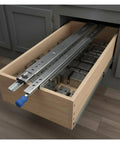 High Octane Heavy Duty Side Mount Ball Bearing Drawer Slides With Triple Extension Full Reach Cold Rolled Steel Cabinet Rails visible in opened drawer.