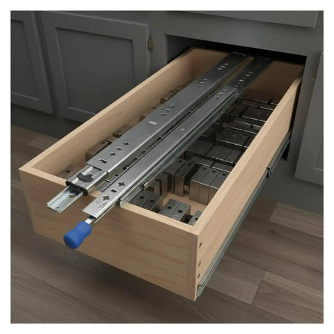 High Octane Heavy Duty Side Mount Ball Bearing Drawer Slides With Triple Extension Full Reach Cold Rolled Steel Cabinet Rails visible in opened drawer.