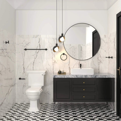 Modern bathroom with 5 Piece Black Bathroom Hardware Set With Wall Mounted Towel Bar 24 Inch, Hand Towel Holder, Open Arm Toilet Paper Holder, Towel Ring And Towel Hook, SUS304 Stainless Steel Matte Black Finish.
