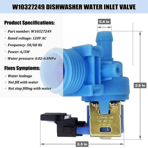 Dishwasher Inlet Valve Replacement W10327249 WPW10327249, blue connector, dimensions shown, used to fix leaks and noise.