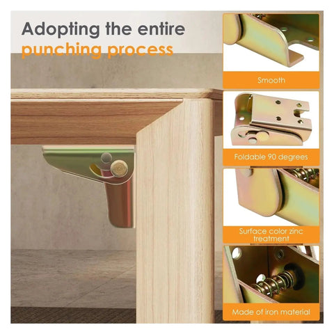 Rock Solid Built Like A Tank Zinc Plated Heavy Duty Four Piece Set Of Ninety Degree Self Locking Folding Hinges For Table Legs close-up on hinge installation.