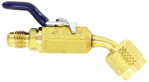 Compact Ball Valve One Quarter Inch Female Flare To One Quarter Inch Male Flare, 45 Degree Angle, brass valve with lever handle