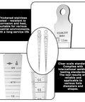 Stainless steel taper welding gauge, double-sided with inch and metric scales; max 5/8 in and 15 mm.