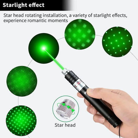 Hand holding Green Laser Pointer And Tactical Flashlight Set With USB Recharge 2000 Meter Long Range, showing starlight effect.