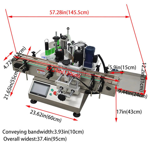 Slick Automatic Desktop Conveyor Bottle Labeler Workhorse High Speed Round Container Labeling Machine dimensions with calibration markings.