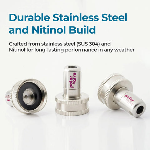 Polar Valve outdoor faucet freeze-protection fittings, 3-piece stainless steel set with Nitinol components, branding visible.