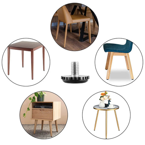 Heavy Duty 5/16-18 Threaded Furniture Leveling Feet Screw In Adjustable Table Chair Levelers Glides For Chairs Tables Cabinets Patio Furniture 8 Pack Bundle shown with furniture examples.