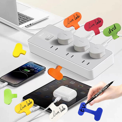 60 Pack Cable Labels and Cord Organizer Kit With Color Coded Write On Wire Labels and Marker Plus 30 Ties in use on desk