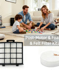 Family playing with dog, vacuum in background; AZ2002 Replacement Vacuum Filter Kit with post-motor, foam, and felt filters shown