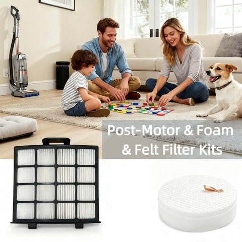 Family playing with dog, vacuum in background; AZ2002 Replacement Vacuum Filter Kit with post-motor, foam, and felt filters shown
