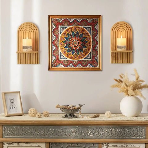 Lowkey Stunning Boho Wall Decor Set Of Two Natural Wood 3D Arch Candle Holder Mid Century Modern Living Room Accent With Sturdy Screw Mount For Instant Cozy Vibes, displayed with wall art.
