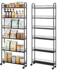 Slim Rolling Storage Cart With Wheels, 6-Tier Narrow Black Shelf on Casters with pantry items, Space Saving Organizer